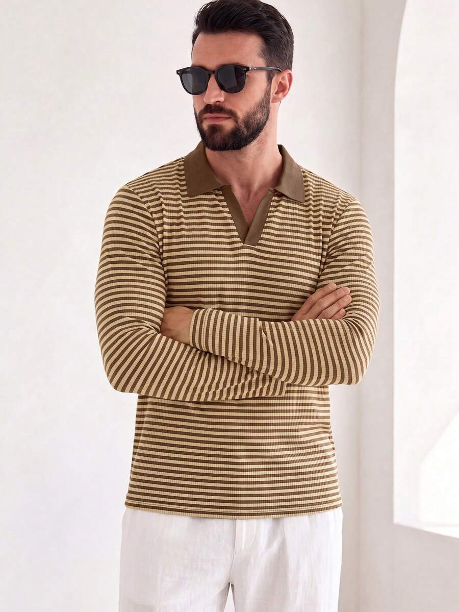 Manfinity Dauomo Brown Beige Striped Ribbed Long Sleeve Polo, Minimal Casual Style, Spring Autumn, Daily Commute, Dat Vacation Airport - Multicolor - View 1