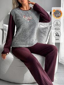 SHEIN Women's Fuzzy Love Embroidery Long Sleeve Ribbed Pajama Set - Multicolor - View 4