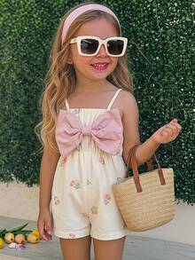 Emery Rose Kids Emery Rose Kids Mono con tirantes finos para niña con estampado floral y lazo 3D decorativo - Amarillo - Ver 1
