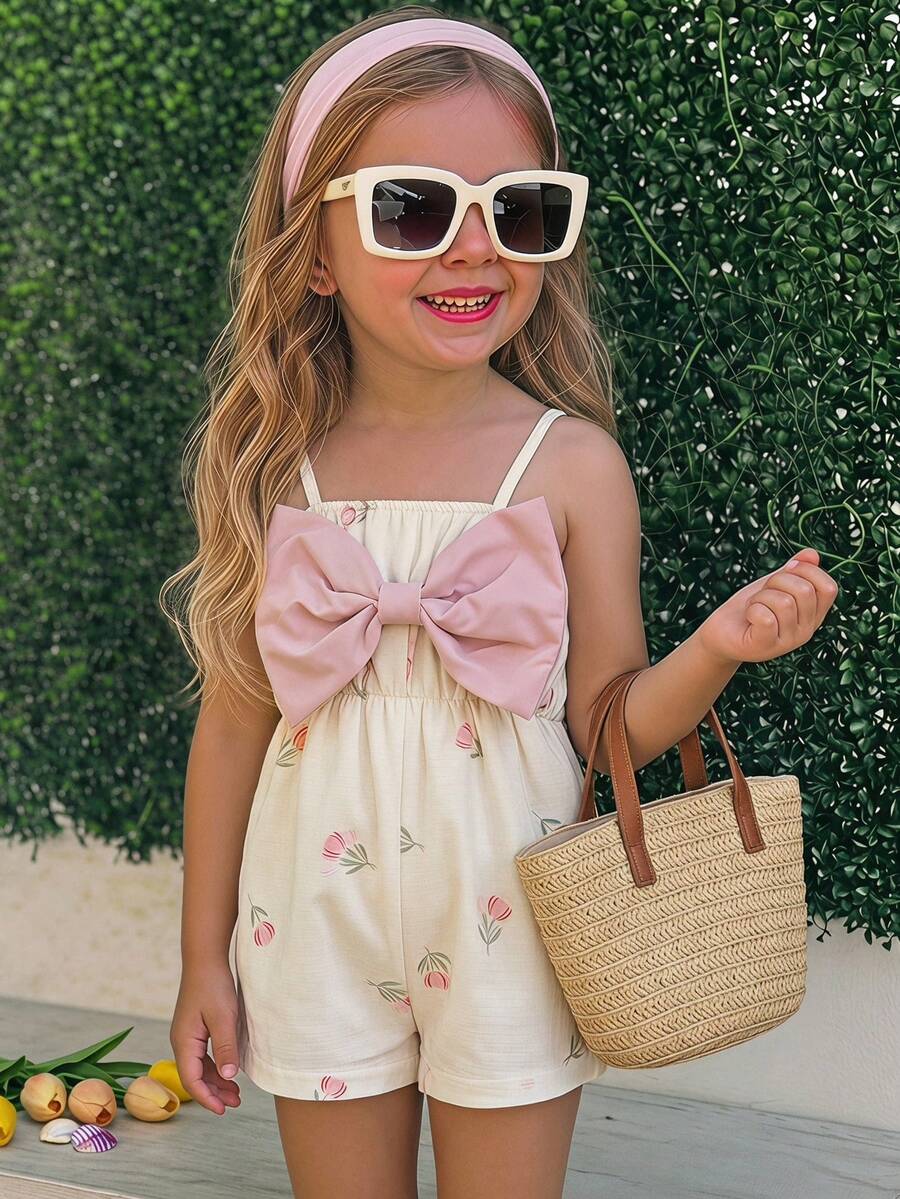 Emery Rose Kids Emery Rose Kids Mono con tirantes finos para niña con estampado floral y lazo 3D decorativo - Amarillo - Ver 1