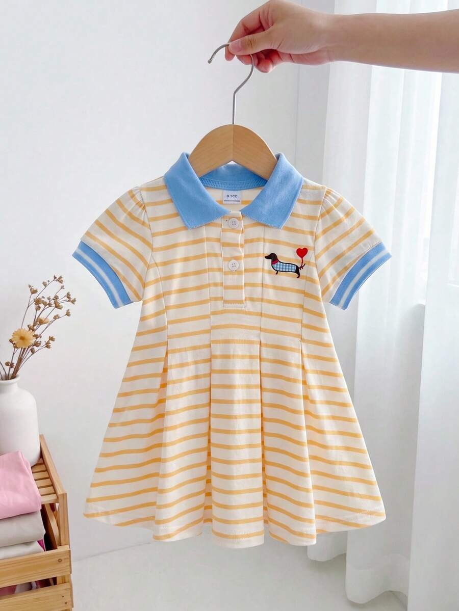 SHEIN 1件女嬰黃色與白色拼接藍色條紋小狗印花可愛休閒韓風時尚優雅短袖洋裝，收腰A字裙，適合夏季日常穿著、旅行、度假、購物、派對及各種場合 - 黃色 - 查看 1