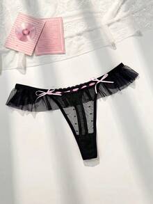 PetitDoll 1 件女士荷叶边性感丁字裤 - 黑色 - 查看 1
