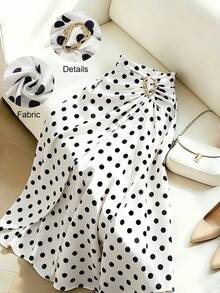 GlowEve CURVE Versatile Premium Metal Buckle Decor Plus Size Polka Dot Women's Skirt Fall - Black and White - View 1