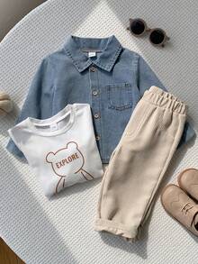 SHEIN Baby Boy Cartoon Bear Pattern Crew Neck Long Sleeve Pullover Top, Casual Long Sleeve Shirt, Elastic Waist Long Pants 3-Piece Set - Multicolor - View 8