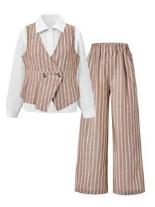 SHEIN Ensemble 3 pièces pour préadolescentes, veste, hauts blancs à manches longues vintage, rentrée scolaire, ample, pantalon large à rayures d'automne, pantalon large blanc à rayures - Multicolore - Voir 6