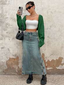 EURMUSE Y2K Grunge Drop Shoulder Open Front Crop Cardigan Without Tube Top - Green - View 6