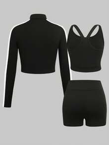 SHEIN 青少年女孩秋冬休閒運動瑜珈三件套，拼色織帶字母刺繡貼布拉鍊外套、背心與交叉腰騎行褲，黑色 - 黑色 - 查看 5