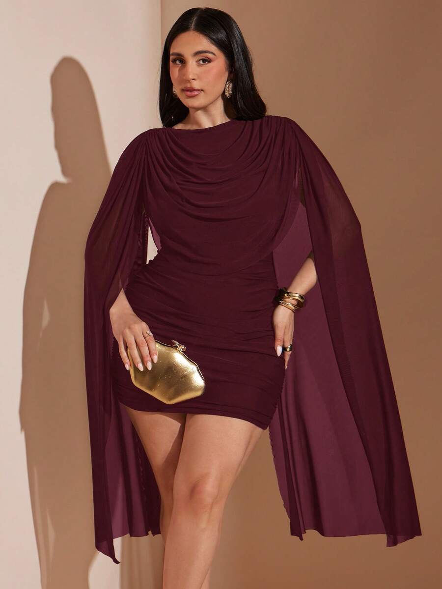 SHEIN BAE 大尺碼女款粉色不對稱下擺迷你洋裝,黑色洋裝 - 酒紅色 - 查看 1
