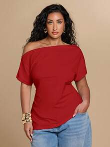 SHEIN BAE CURVE 大尺碼女款純色不對稱單肩抓皺休閒百搭日常穿搭上衣 - 紅色 - 查看 6