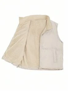 DAZY Women's Solid Color Zipper Front Casual Thermal Lined Vest, Winter Jacket Women Coats - Beige - View 3