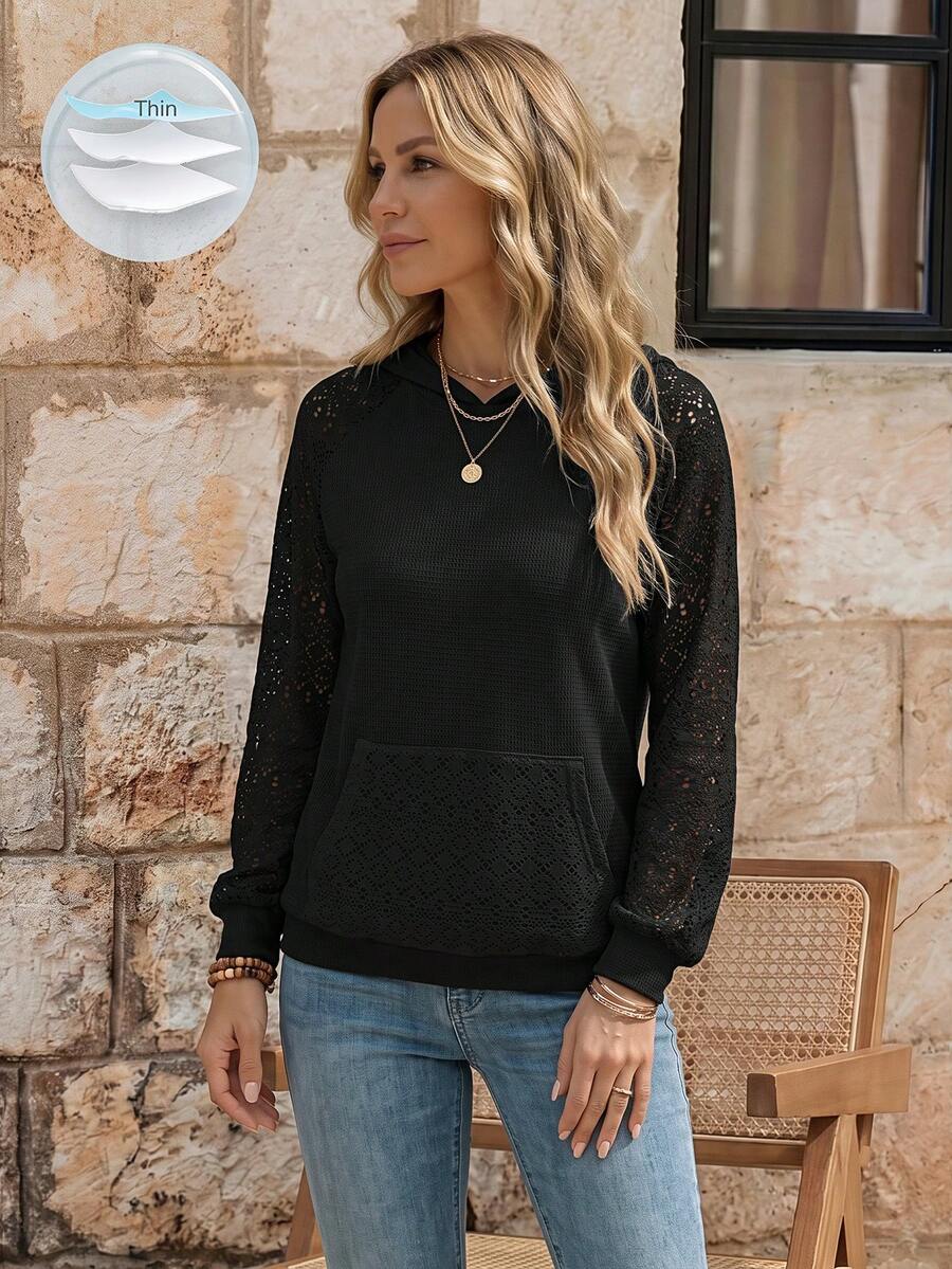 SHEIN Contrast Lace Raglan Sleeve Kangaroo Pocket Hoodie,Long Sleeve Tops - Black - View 1