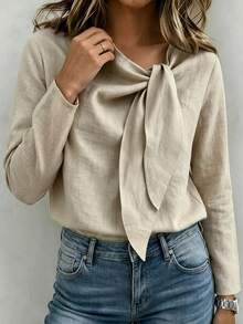 SHEIN Clasi Blus Wanita Lengan Panjang Warna Polos dengan Ikatan di Depan yang Elegan - Aprikot - View 4