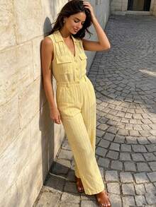 Cévolie Women's Sweet Striped Button V-Neck Pocket Jumpsuit - Yellow - View 9