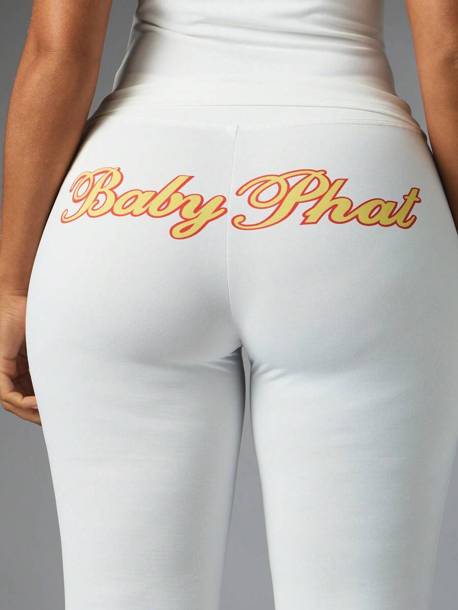 BABYPHAT High Rise Bootcut Pants With Signature Logo Bum Print Flared Hem Full Length Casual Stretch - White - View 1