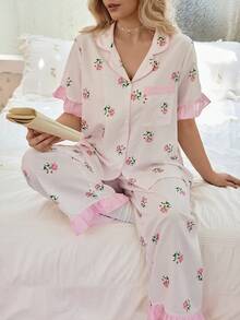 CottageSlumber Sweet Fresh Pink Ditsy Floral Plus Size Pajama Set, Ruffle Trim Cardigan 2 Pieces Loungewear - Pink - View 1
