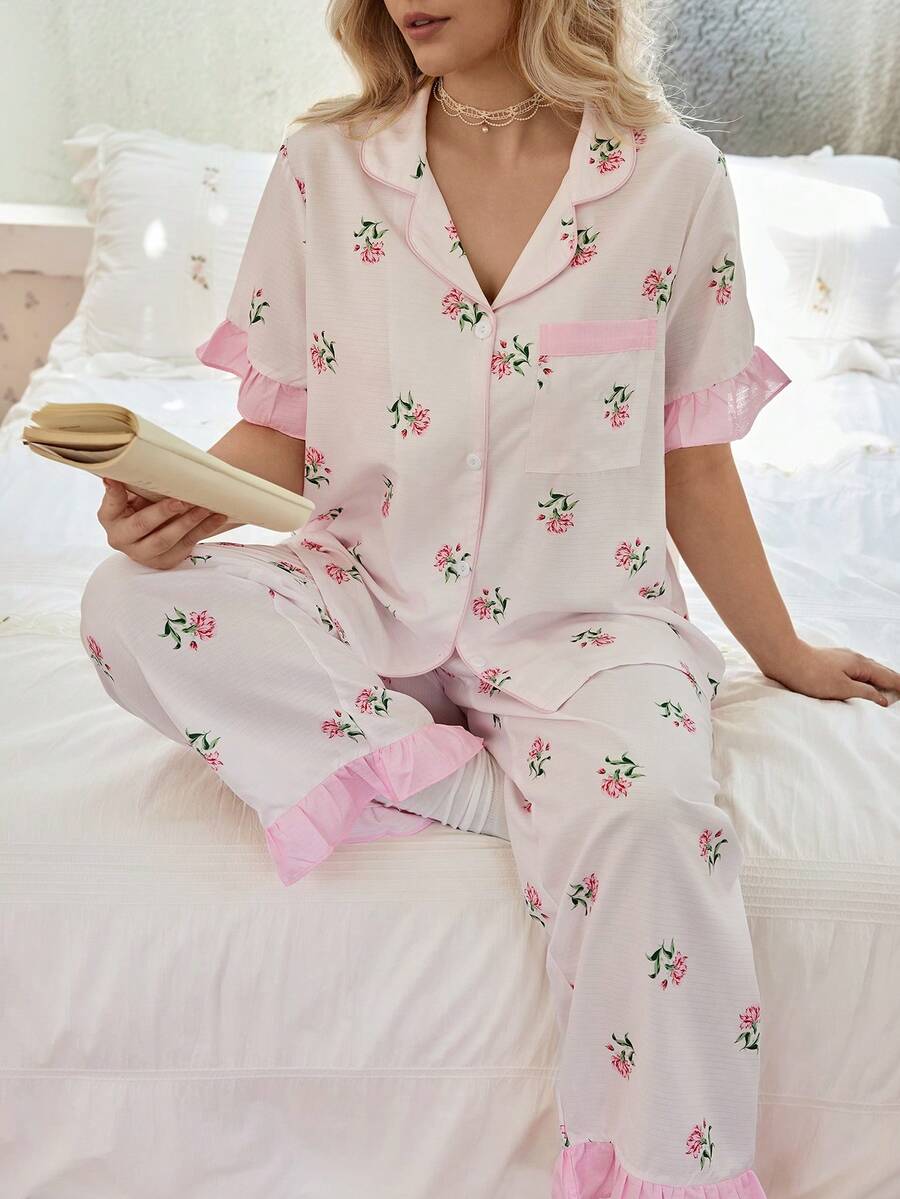 CottageSlumber Sweet Fresh Pink Ditsy Floral Plus Size Pajama Set, Ruffle Trim Cardigan 2 Pieces Loungewear - Pink - View 1