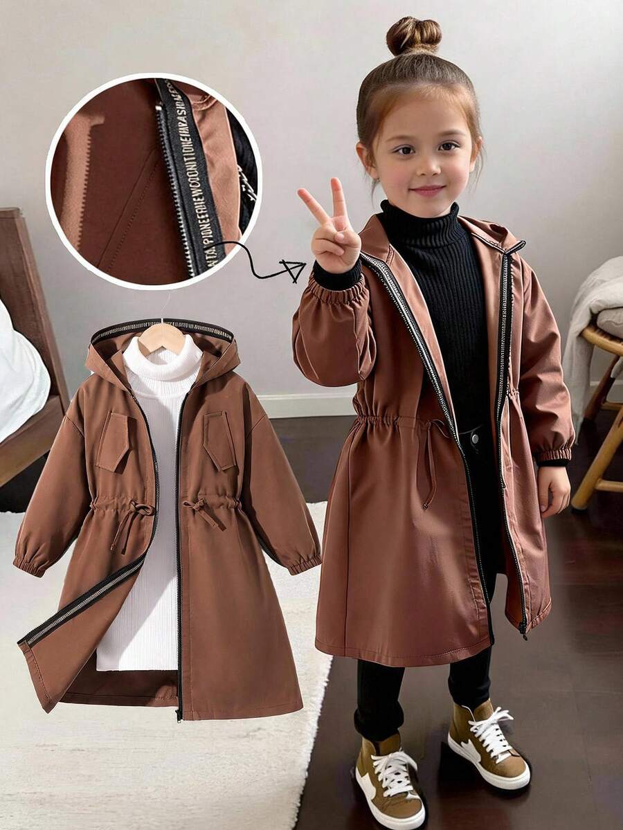 SHEIN 少女休閒字母裝飾寬鬆文字帶連帽口袋中長版派克大衣,梭織雙排扣翻領寬鬆長版外套,休閒軍風,適合通勤與戶外穿著,春夏秋冬四季皆宜,Y2K風格,適合萬聖節、返校季,媽媽與姊妹與我親子姐妹套裝 - 棕色 - 查看 1