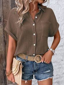 EMERY ROSE Camisa casual de botones de manga corta de unicolor con textura de tela para mujer, de verano - Café integral - Ver 6