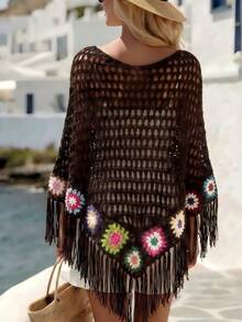 SHEIN Holidaya Sweater Syal Rajut Berongga Gaya Bohemian Vintage dengan Rumbai di Bagian Bawah - Coklat - View 2