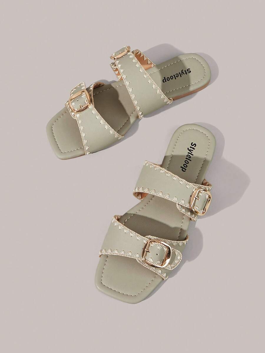 Styleloop Women Shoes Spring And Summer New Models, Multi-Color Embroidered Edge Square Toe Double Buckle With Flat Bottom Sandals, Retro Casual Style - Light green - View 1