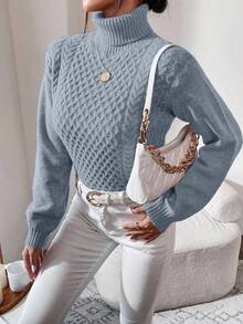 EURMUSE Women's High Neck Cable Flower Pattern Sweater Pullover For Autumn/Winter - Baby Blue - View 6