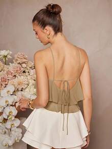 L'Amorae Summer Elegant Solid Color Ruffle Backless Halter Top, Chic, Fall, Autumn - Khaki - View 3