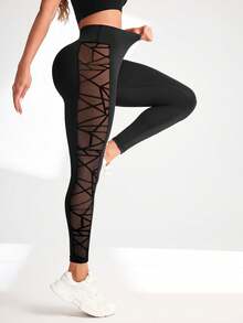 SHEIN Women's Fashion Mesh Patchwork Slim Fit Sports Leggings - Black - View 5