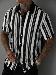 Manfinity Homme Men's Plus Size Mesh Patchwork Casual Shirt - Black and White - View 4