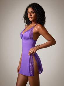 DreamPoppy 1pc Sexy Lace Trim Milk Silk Nightgown Sleepwear - Purple - View 5