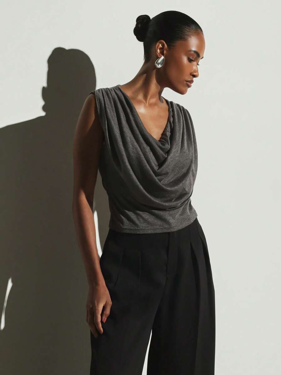 KSTM Cowl Neck Sleeveless Fitted Tank Top With Draped Front Detail Casual Chic Summer Layering Piece - Grey - View 1