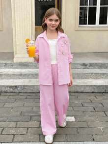 SHEIN Elladie kids 女童3件套 粉色直條紋領口長袖襯衫，飾有3D珠飾花卉裝飾，高腰鬆緊寬腿褲，歐美街頭休閒通勤日常穿搭 - 粉色 - 查看 5
