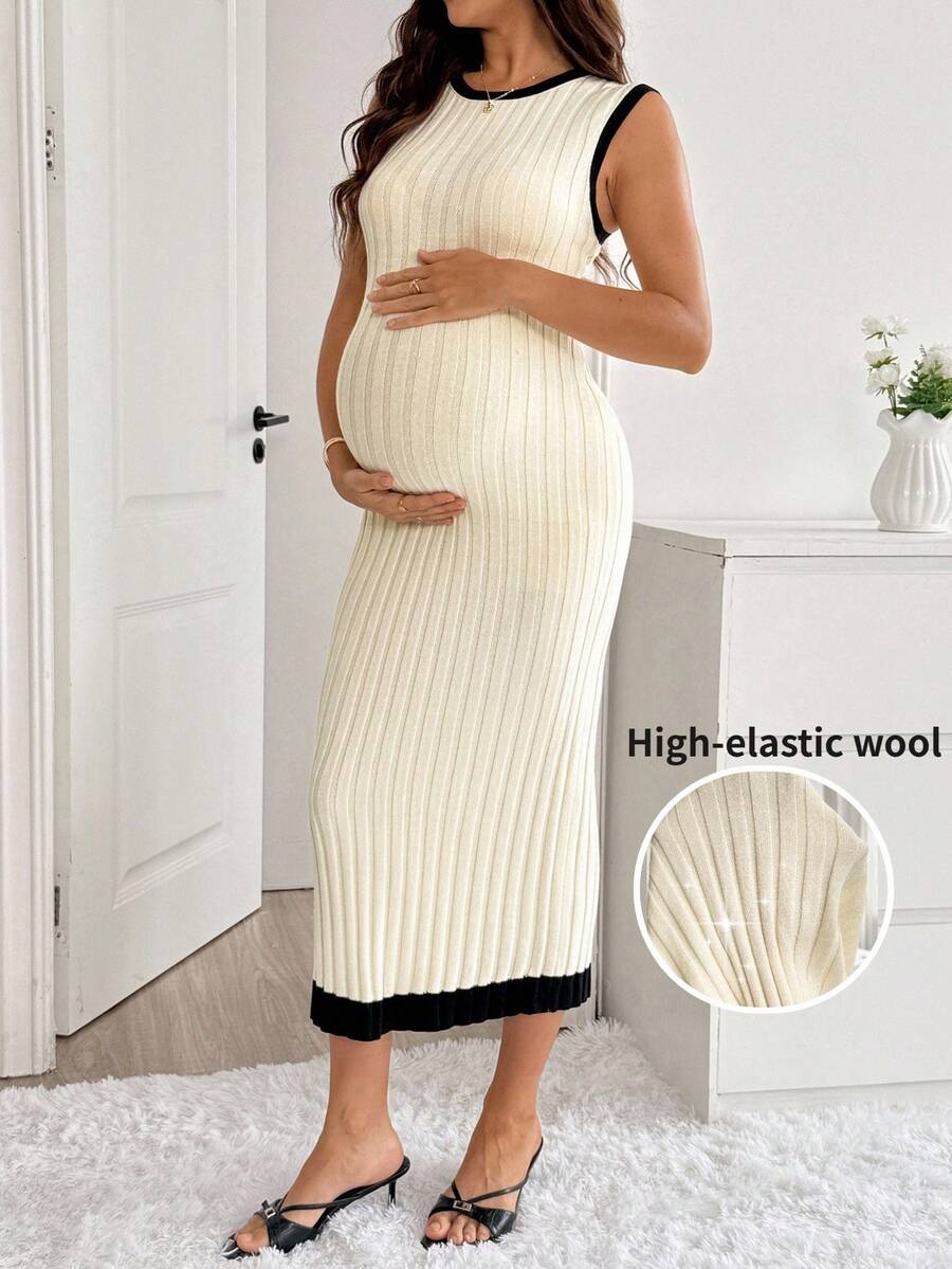SHEIN Maternity Colorblock Casual Daily Knit Dress - Apricot - View 1