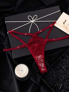 SHEIN 2件組橘色鋼圈內衣與內褲套裝，亮麗甜美風格 - 酒紅色 - 查看 5
