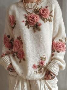 Glimmora Cream White 3D Rose Embroidered French Vintage Soft Style Commuter Pullover Versatile Round Neck Knit Top - White - View 5