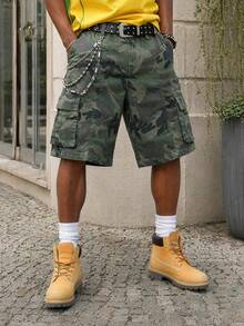 Manfinity EZcore Men Plus Size Casual Street Style Multi-Pocket Distressed Camouflage Wide Leg Denim Shorts - Army Green - View 5