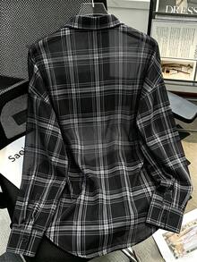 INAWLY 大尺碼女款格紋長袖單排扣休閒襯衫 秋季 - 黑與白 - 查看 2