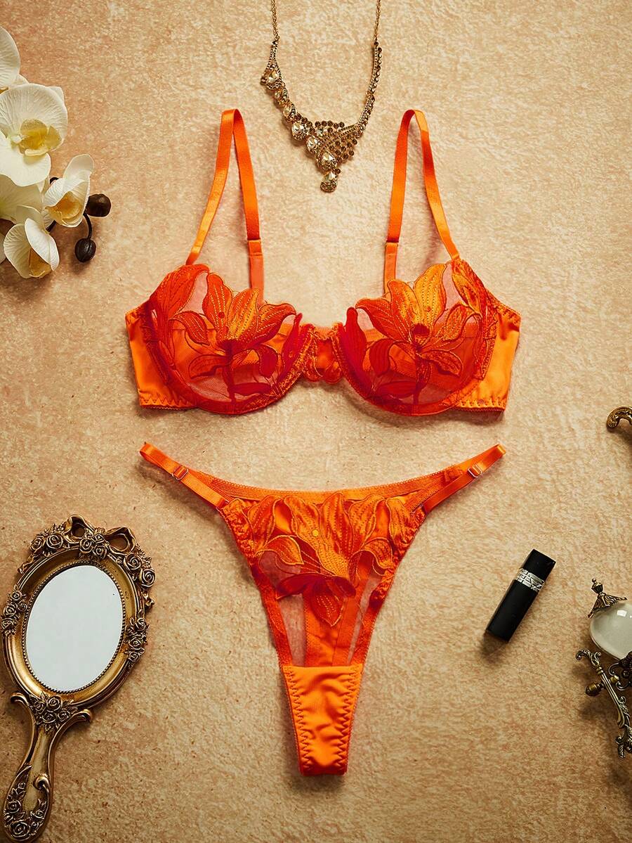 PinupPomp Women Sexy Lingerie Set With Floral Embroidery & Underwire, 2 Pieces, Bra & Panty Set - Orange - View 1