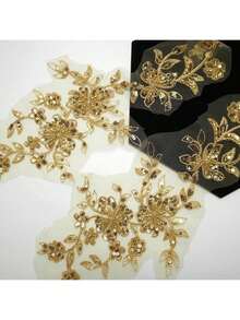 SHEIN 1 Piece Gold Beaded Embroidery Sequin Lace Embroidery Patch DIY Clothing Decal Accessory - gold - View 2