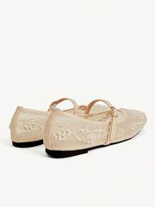 CUCCOO CHICEST 女款網布刺繡珍珠瑪麗珍平底鞋，扣環設計，通勤約會婚禮日常溫柔透氣百搭女鞋 - 米色 - 查看 5