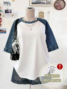 Lalippa Women's Casual T-Shirt With Denim Effect Print And Raglan Sleeves - Multicolor - View 7