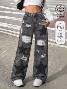 SHEIN Girlism 青少年女孩星星刺繡圖案黑色牛仔寬鬆破洞寬腿長褲 - 黑色 - 查看 1
