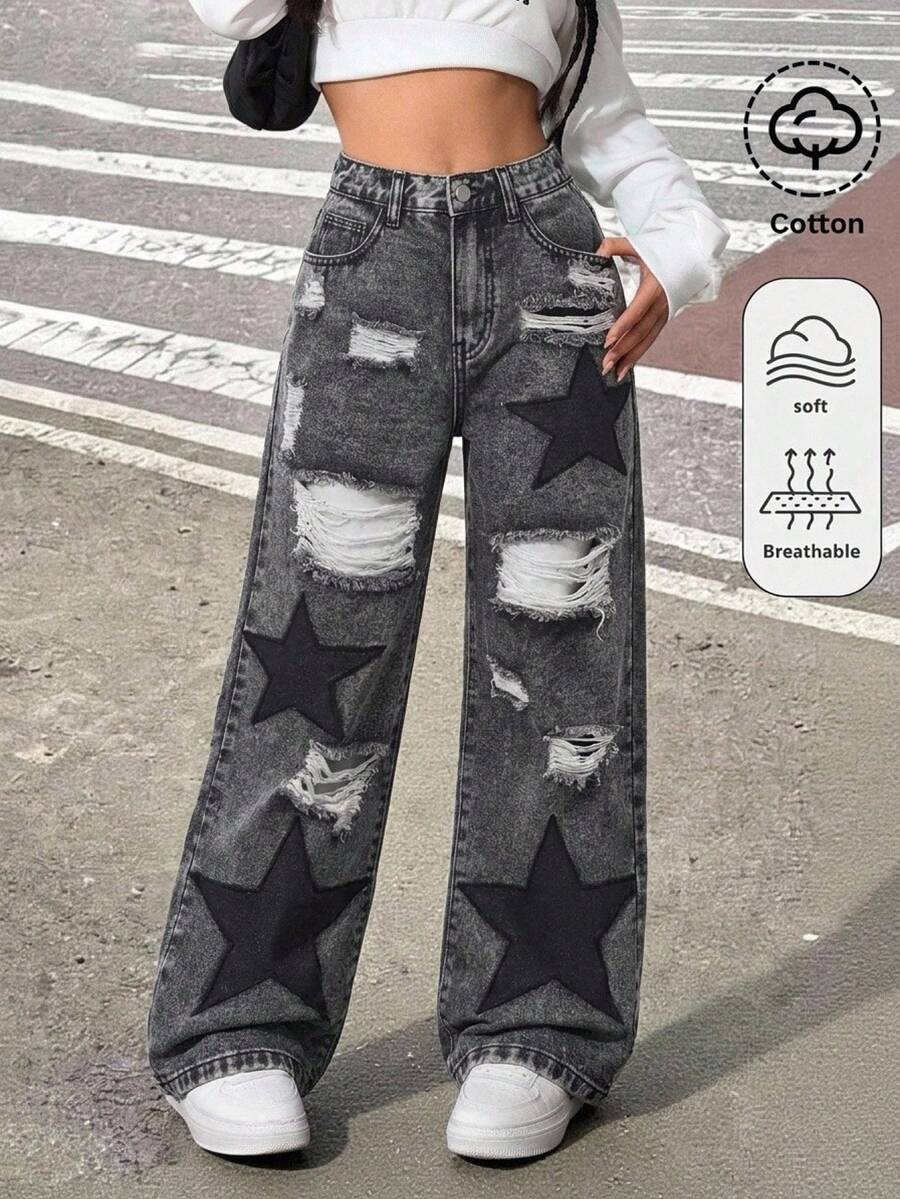 SHEIN Girlism 青少年女孩星星刺繡圖案黑色牛仔寬鬆破洞寬腿長褲 - 黑色 - 查看 1
