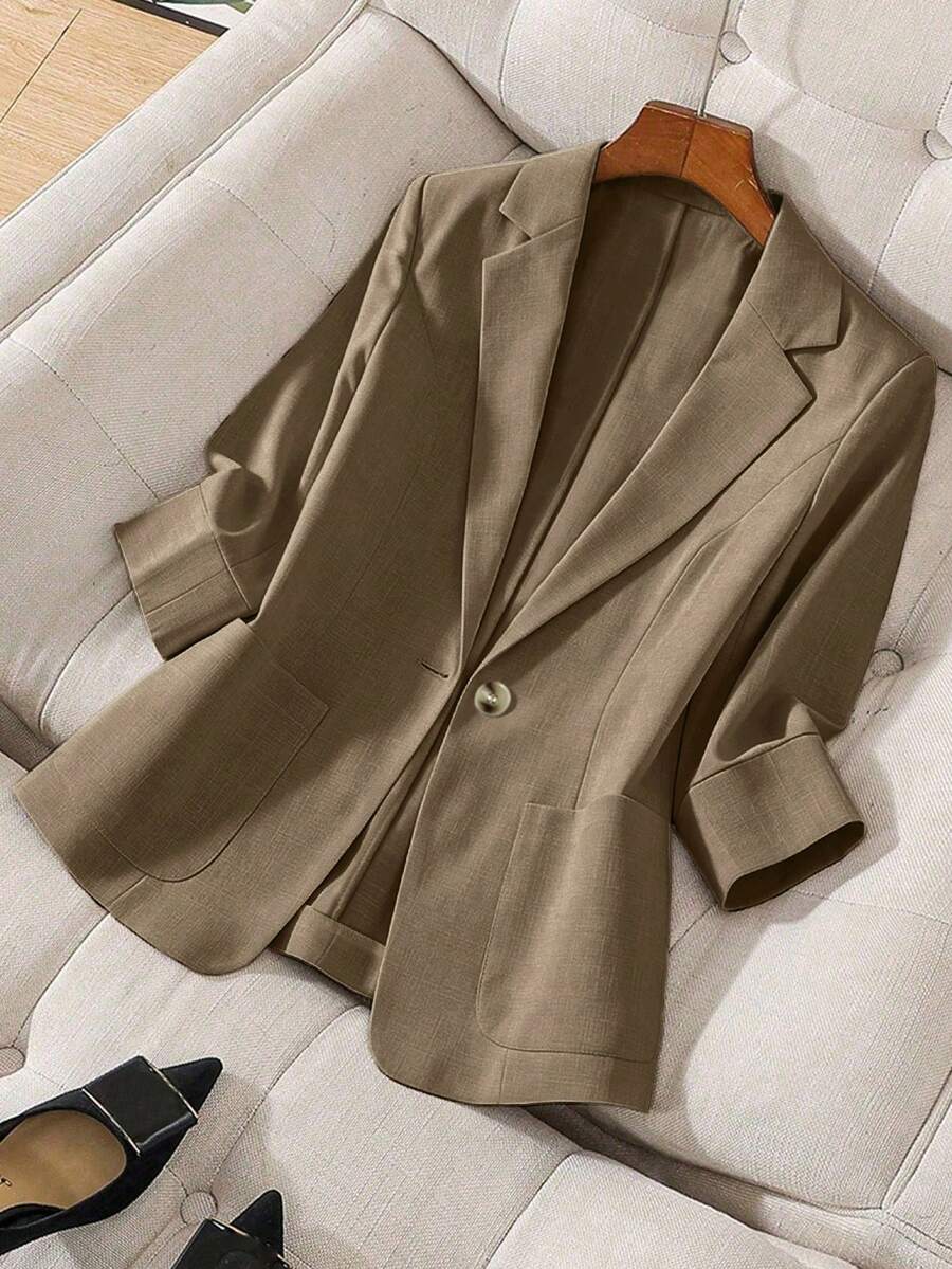 Franclia 3/4 Sleeve Lapel Collar Cinched Waist Linen Blend Commuter Blazer Jacket - Camel - View 1