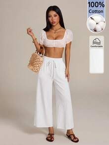 SHEIN PETITE 女款休閒棉麻混紡九分褲，卡其色，適合返校季、教師穿著 - 白色 - 查看 8