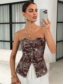 Lavishia 女款優雅度假風波西米亞刺繡串珠抹胸上衣 - 棕色 - 查看 1
