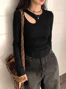 DAZY 女款素色鏤空修身百搭日常休閒長袖T恤 - 黑色 - 查看 6