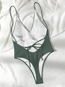 Swim Basics Women's Solid Color V-Neck Spaghetti Strap Backless One-Piece Swimsuit, Summer Beach Vacation - Green - View 4