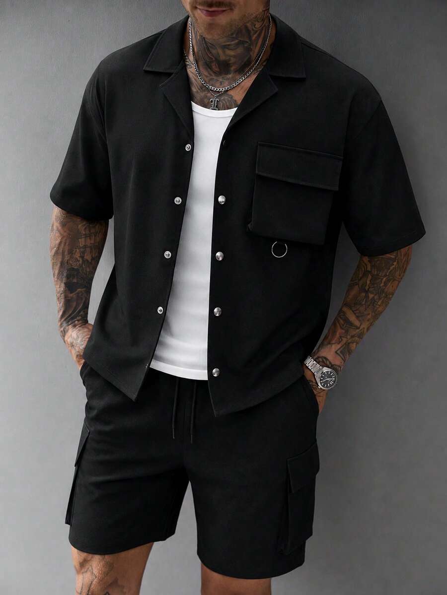 SLATEMANN Men's Solid Color Utility Pocket Short Sleeve Shirt And Shorts Casual Set - Black - View 1
