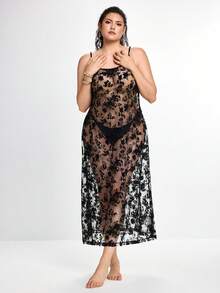 Slumbrini Plus Size Sheer Mesh Lace Slip Dress, Sexy Nightgown - Multicolor - View 4