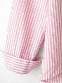 SHEIN PETITE 女款條紋長袖單排扣休閒通勤襯衫 - 玫紅色 - 查看 5